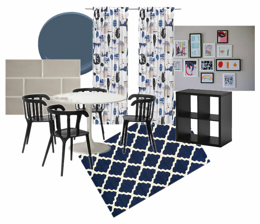Blue paint, Benjamen Moore' Van Deusen Blue; Dining set, bookshelf, curtains, Ikea; Rug ($150), RugsUSA